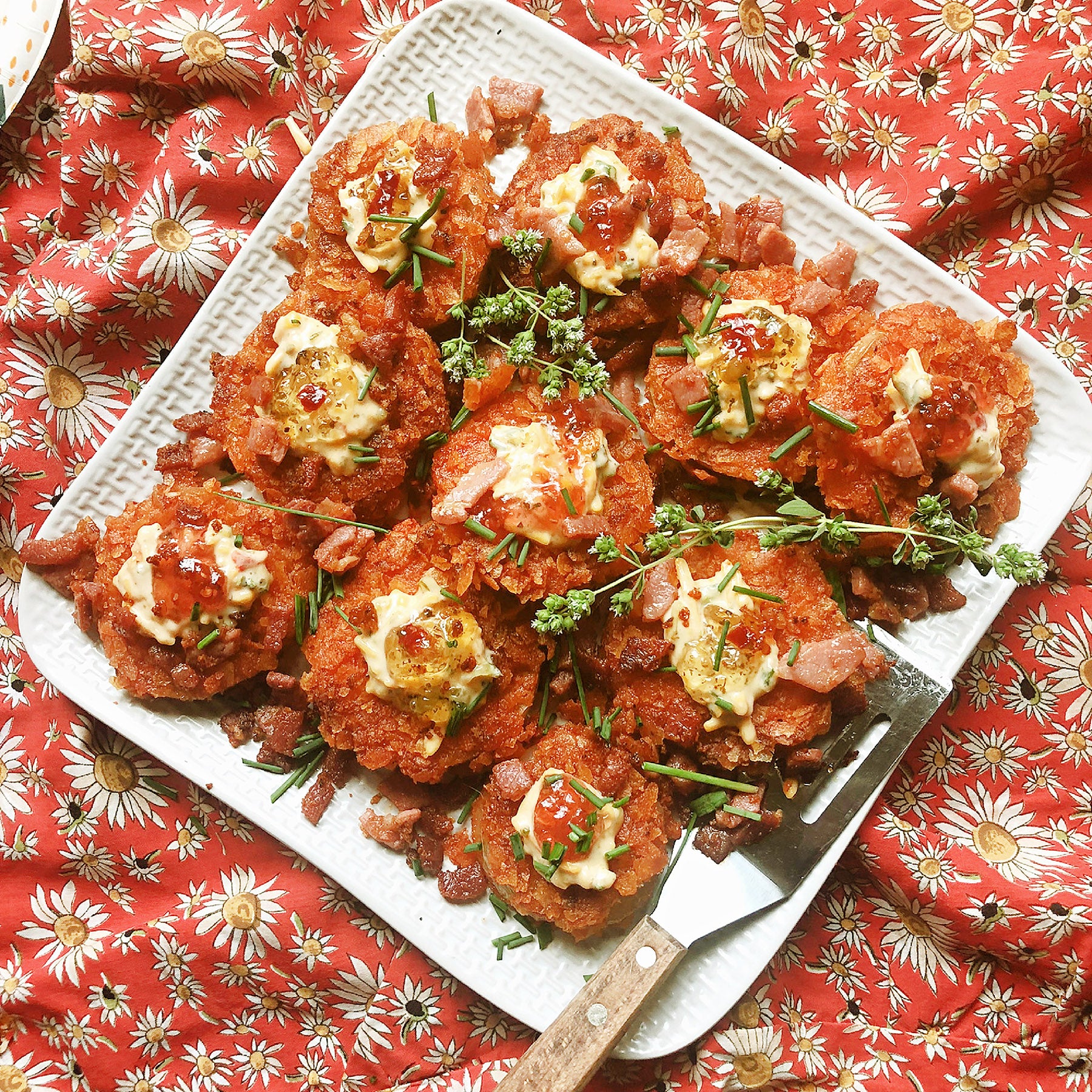 Spicy Fried Green Tomatoes with Pimento Cheese & Country Ham Lardon